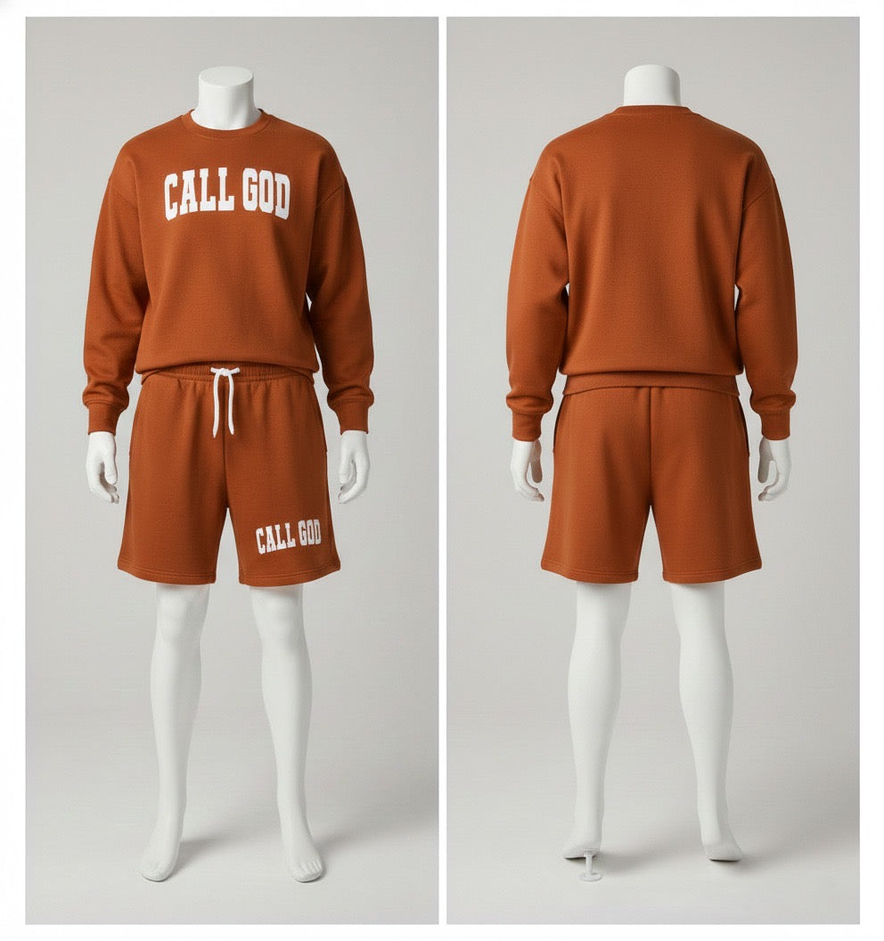 Green sweatshirt and shorts set with 'CALL GOD' text on mannequins against a gray background