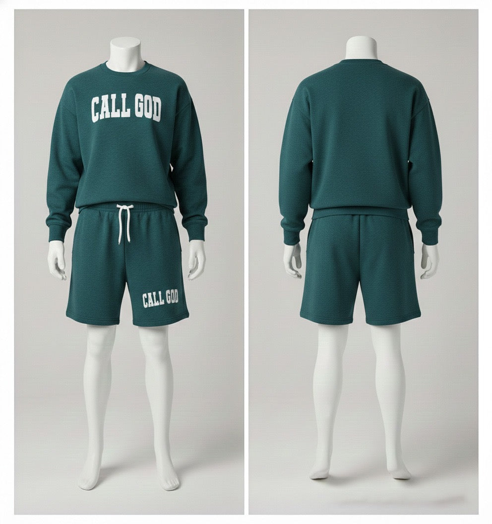 Green sweatshirt and shorts set with 'CALL GOD' text on mannequins against a gray background
