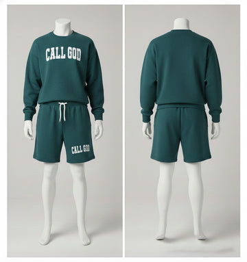 Green sweatshirt and shorts set with 'CALL GOD' text on mannequins against a gray background